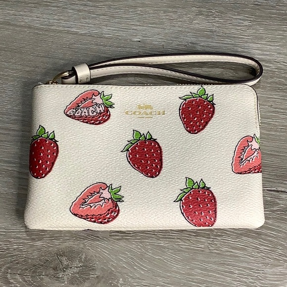 Coach White and Red Strawberry Print zip corner wristlet - Picture 1 of 8